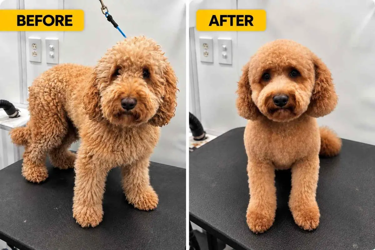 Goldendoodle before and after a face trim by Brush Hour Mobile Dog Grooming in the San Francisco Bay Area